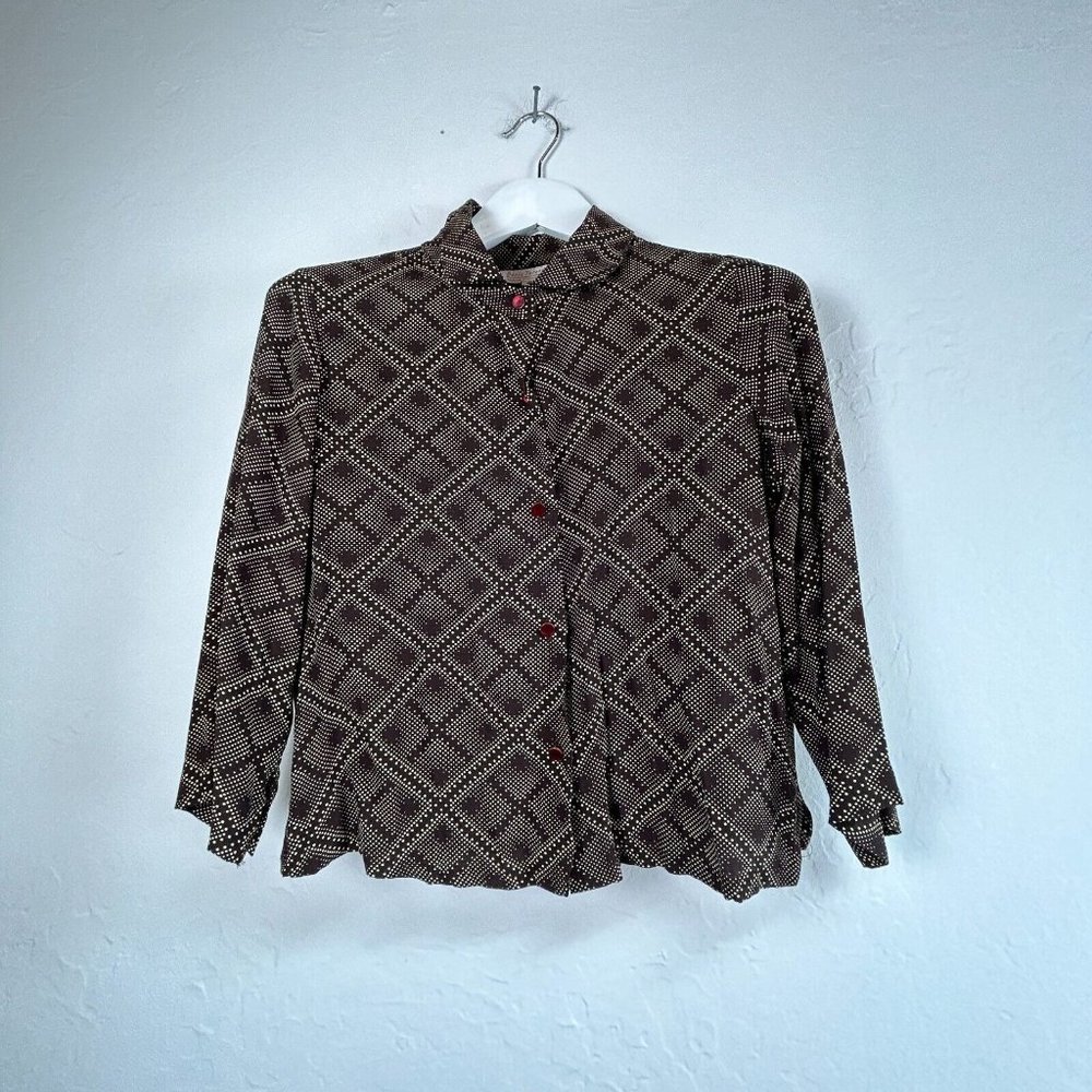 Basic Threads Santa Monica Womens Brown White Dots Geo Blouse Small Button Up